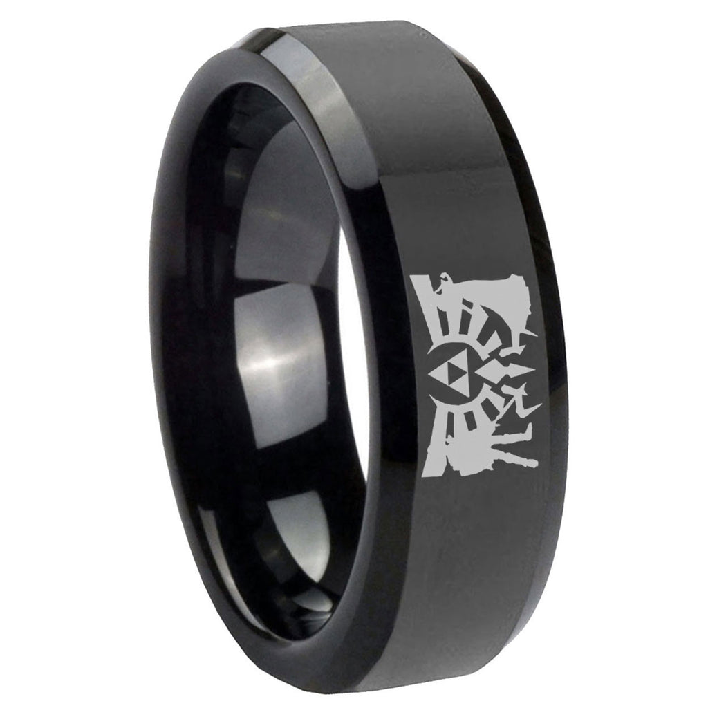 8mm Zelda Link Beveled Edge Polish Black Tungsten Ring