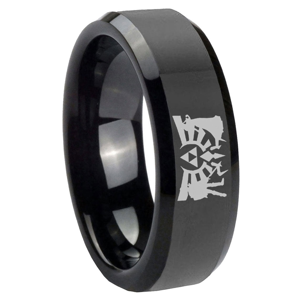 8mm Zelda Link Beveled Edge Polish Black Tungsten Ring