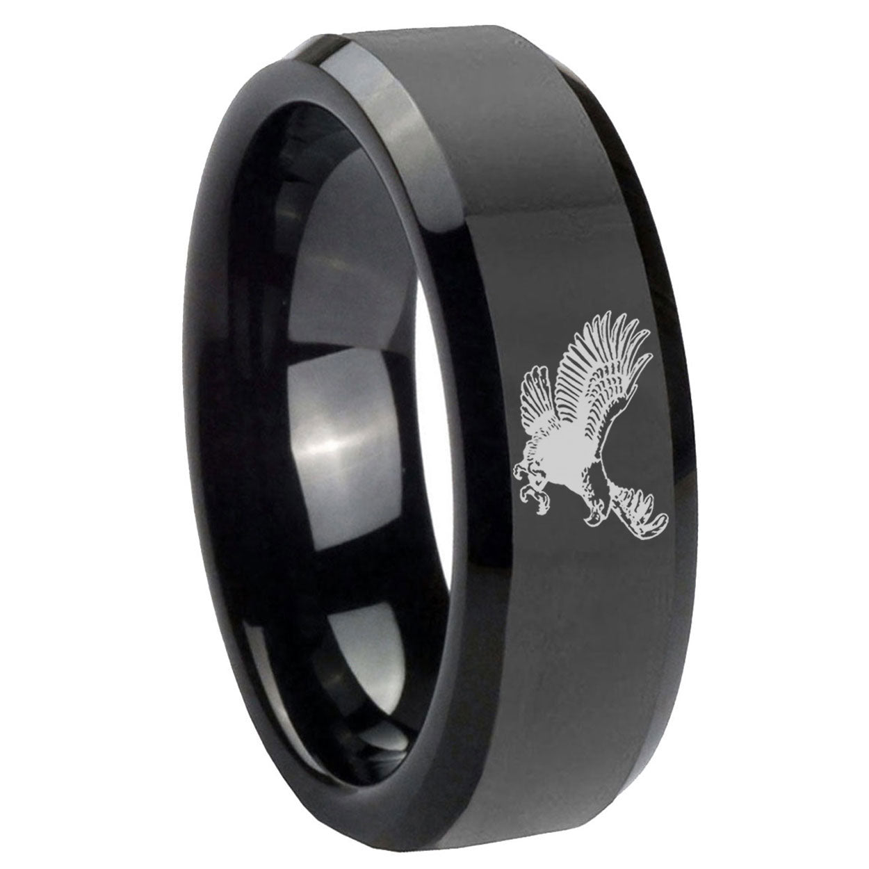 8mm Flying American Eagle Beveled Edge Polish Black Tungsten Ring