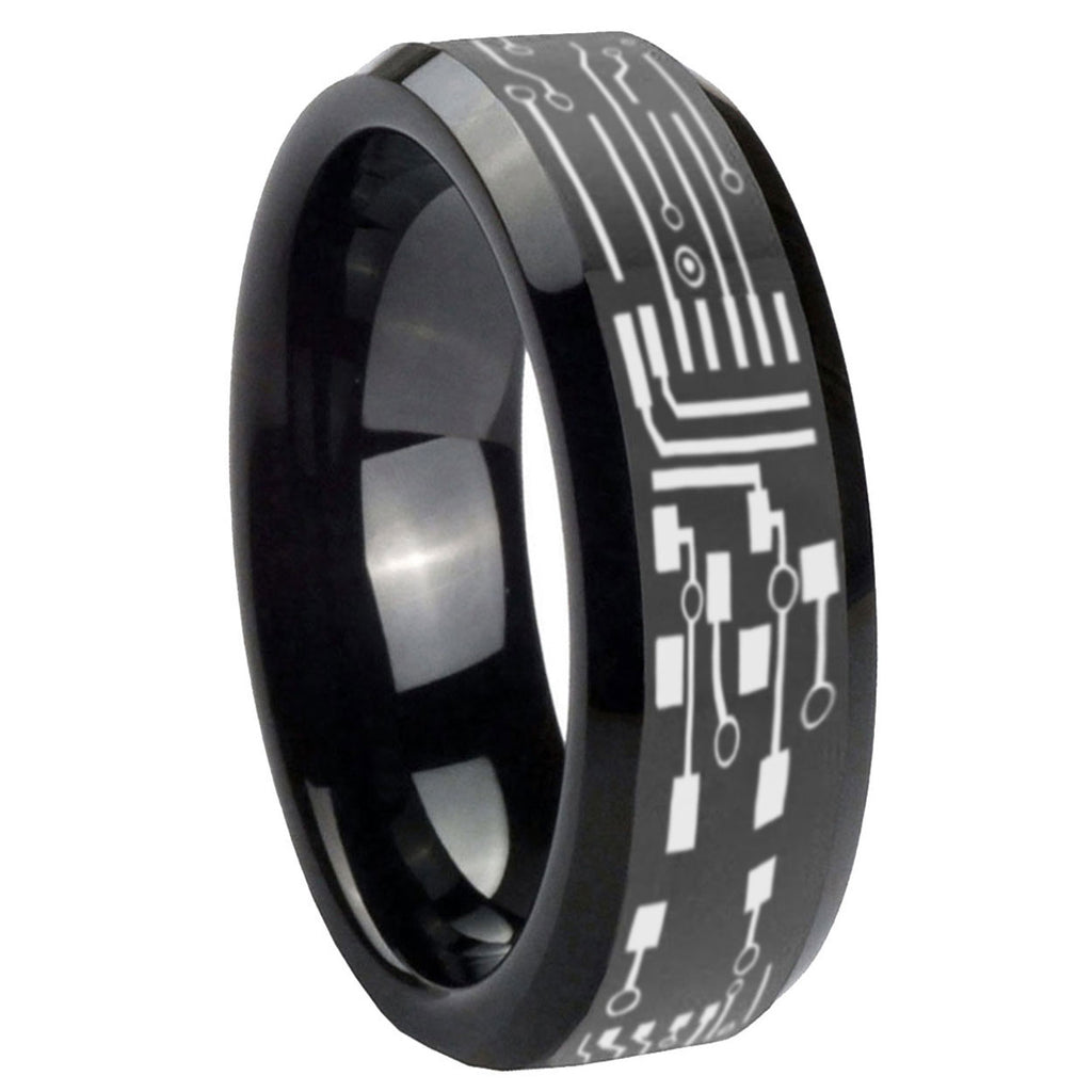 8mm Circuit Board Beveled Edge Polish Black Tungsten Ring