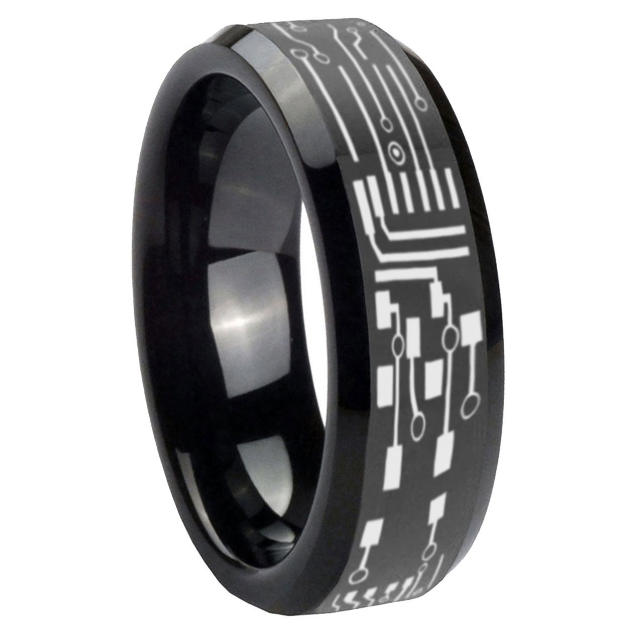 8mm Circuit Board Beveled Edge Polish Black Tungsten Ring