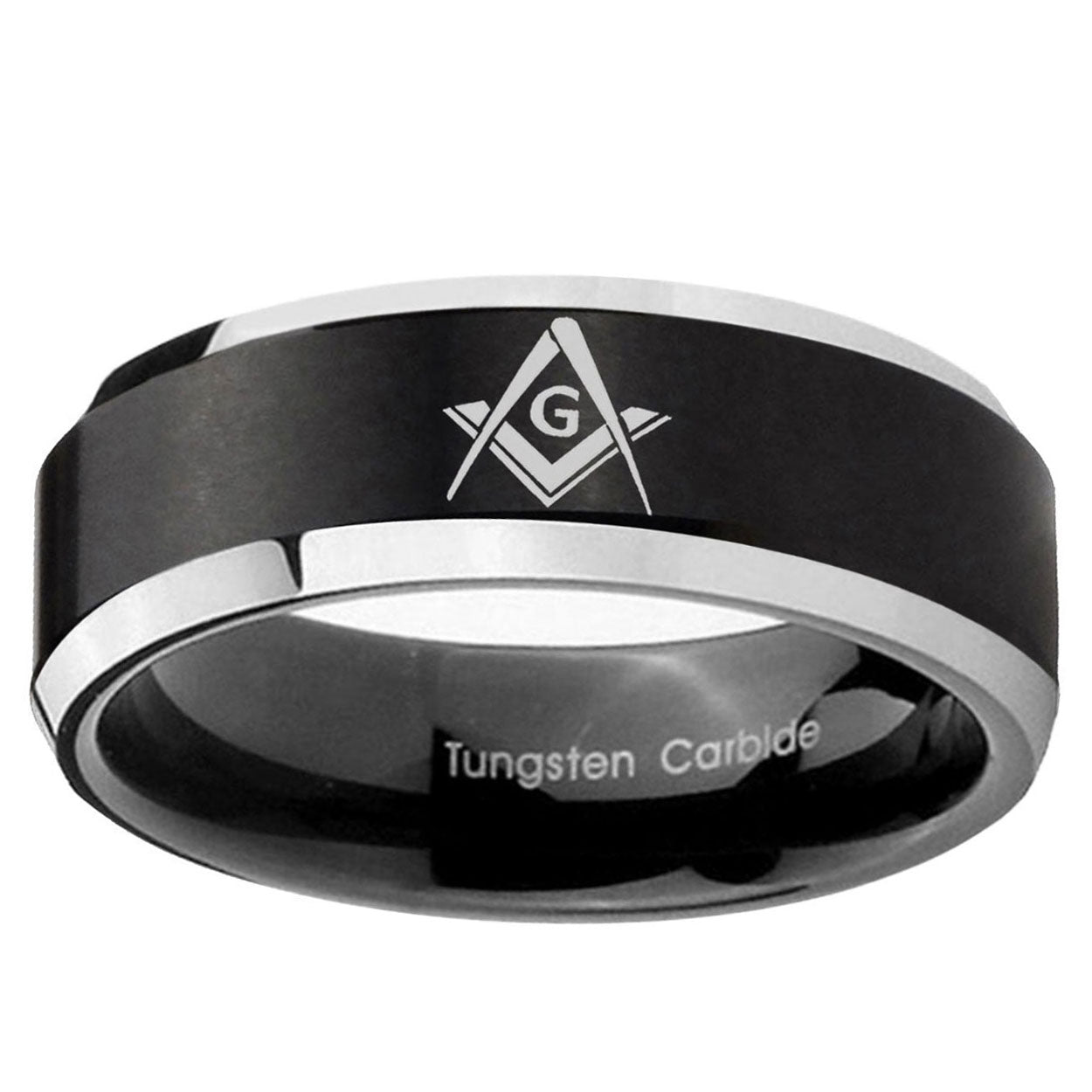 10mm Freemason Masonic Beveled Brush Black 2 Tone Tungsten Ring