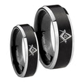 Freemason Masonic Beveled Brush Black 2 Tone Tungsten His Hers Set Rings