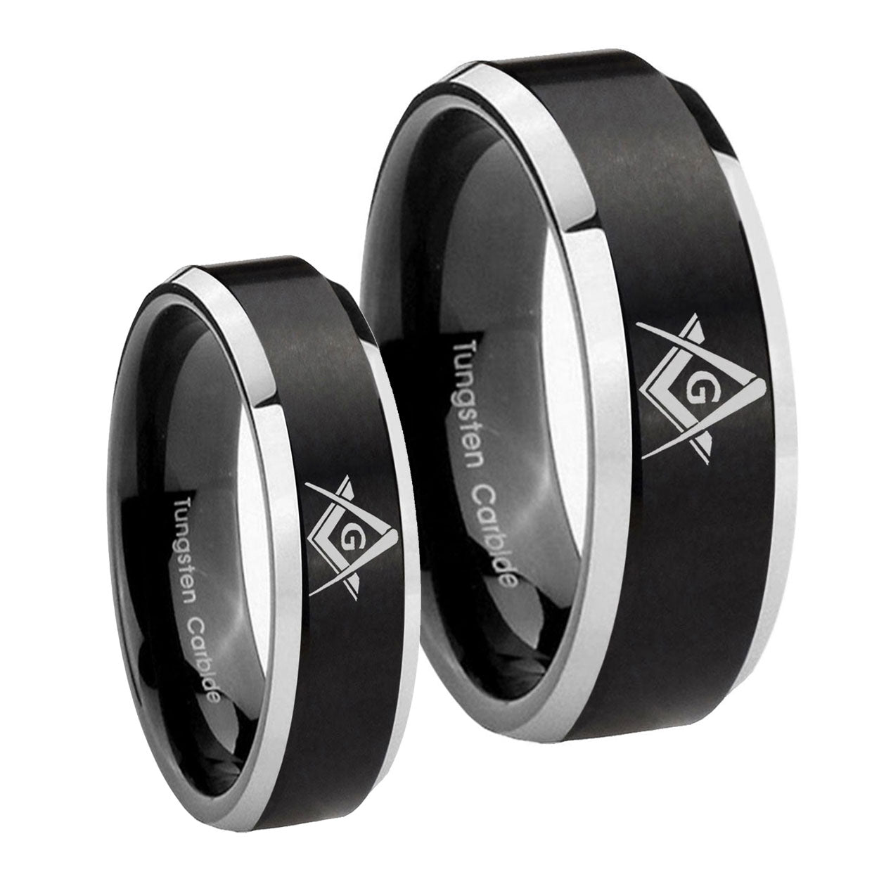 Freemason Masonic Beveled Brush Black 2 Tone Tungsten His Hers Set Rings