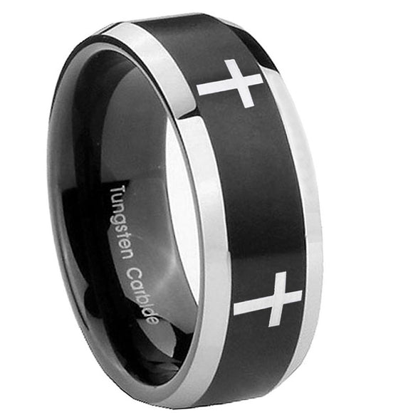 8mm-Crosses-Beveled-Edges-Brush-Black-2-Tone-Tungsten-Carbide-Men's-Bands-Ring