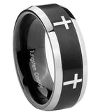 10mm-Crosses-Beveled-Edges-Brush-Black-2-Tone-Tungsten-Carbide-Bands-Ring