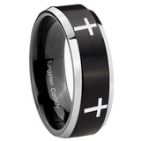 His Hers Crosses Beveled Edges Brush Black 2 Tone Tungsten Engagement Ring Set