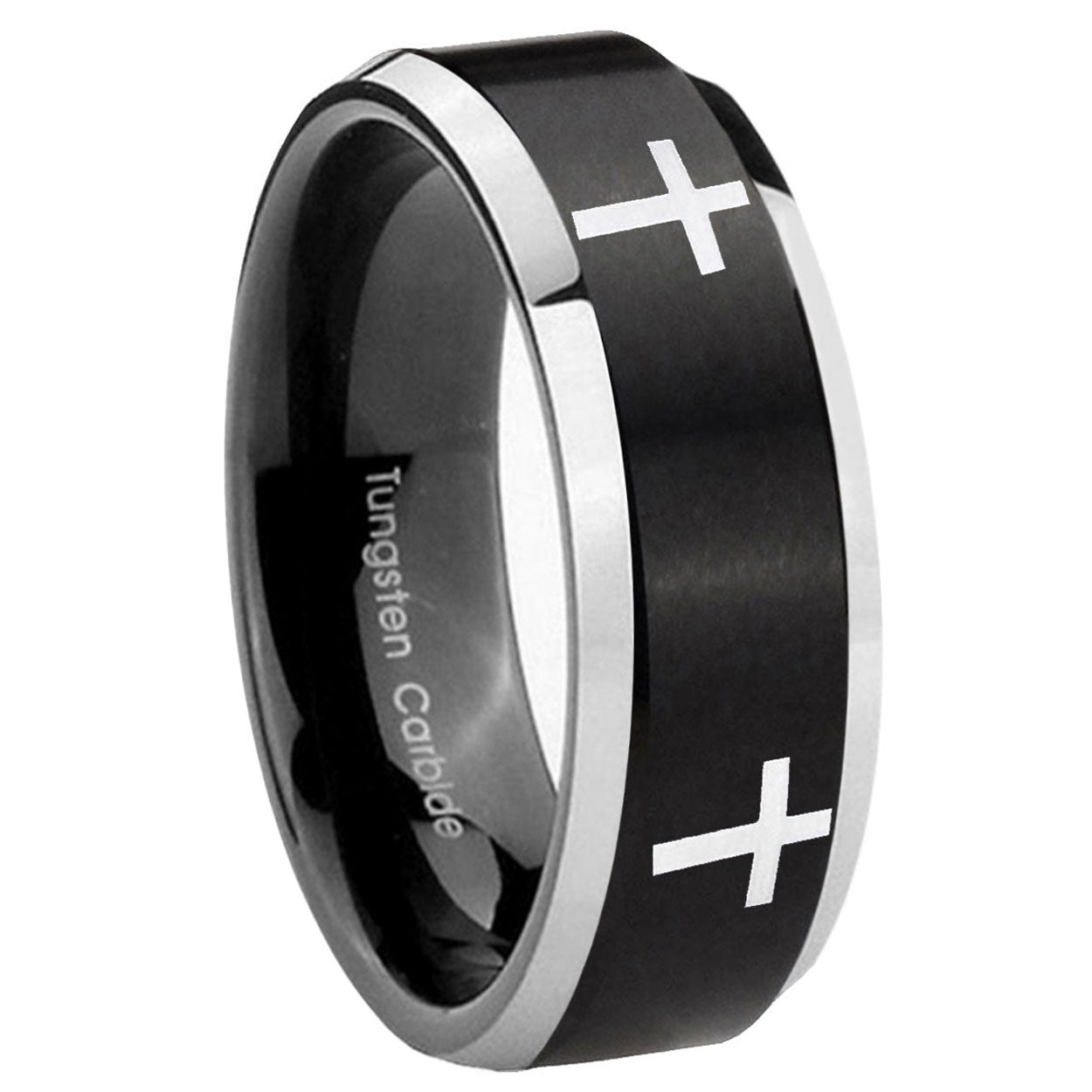 8MM Crosses Beveled Two Tone Black Tungsten Ring For Man