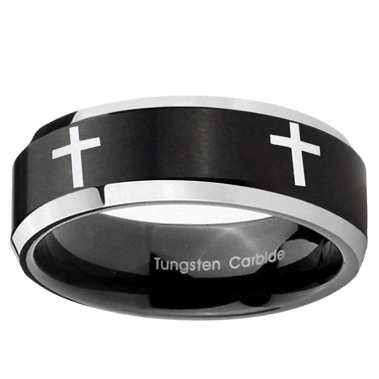 5MM Crosses Beveled Two Tone Black Tungsten Ring For Man