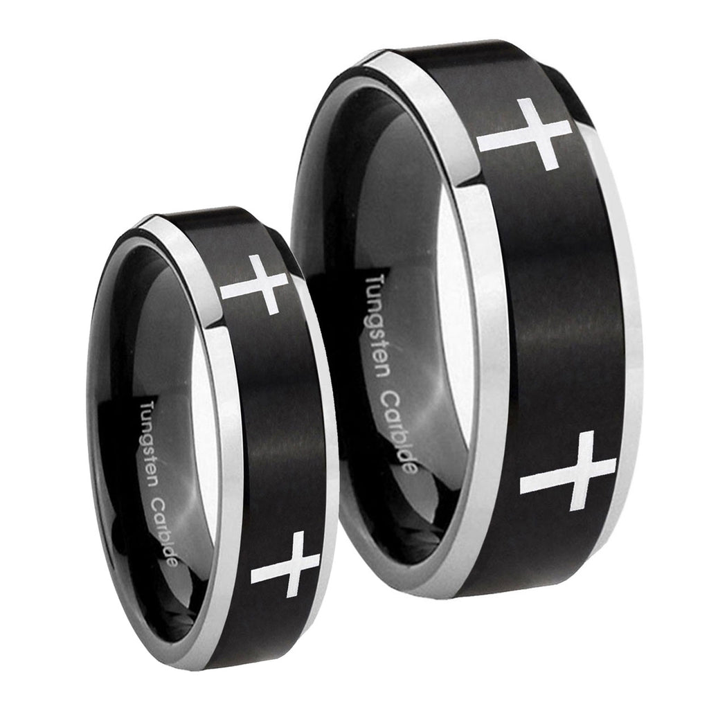 Crosses Beveled Edges Brush Black 2 Tone Tungsten Couple Band Set