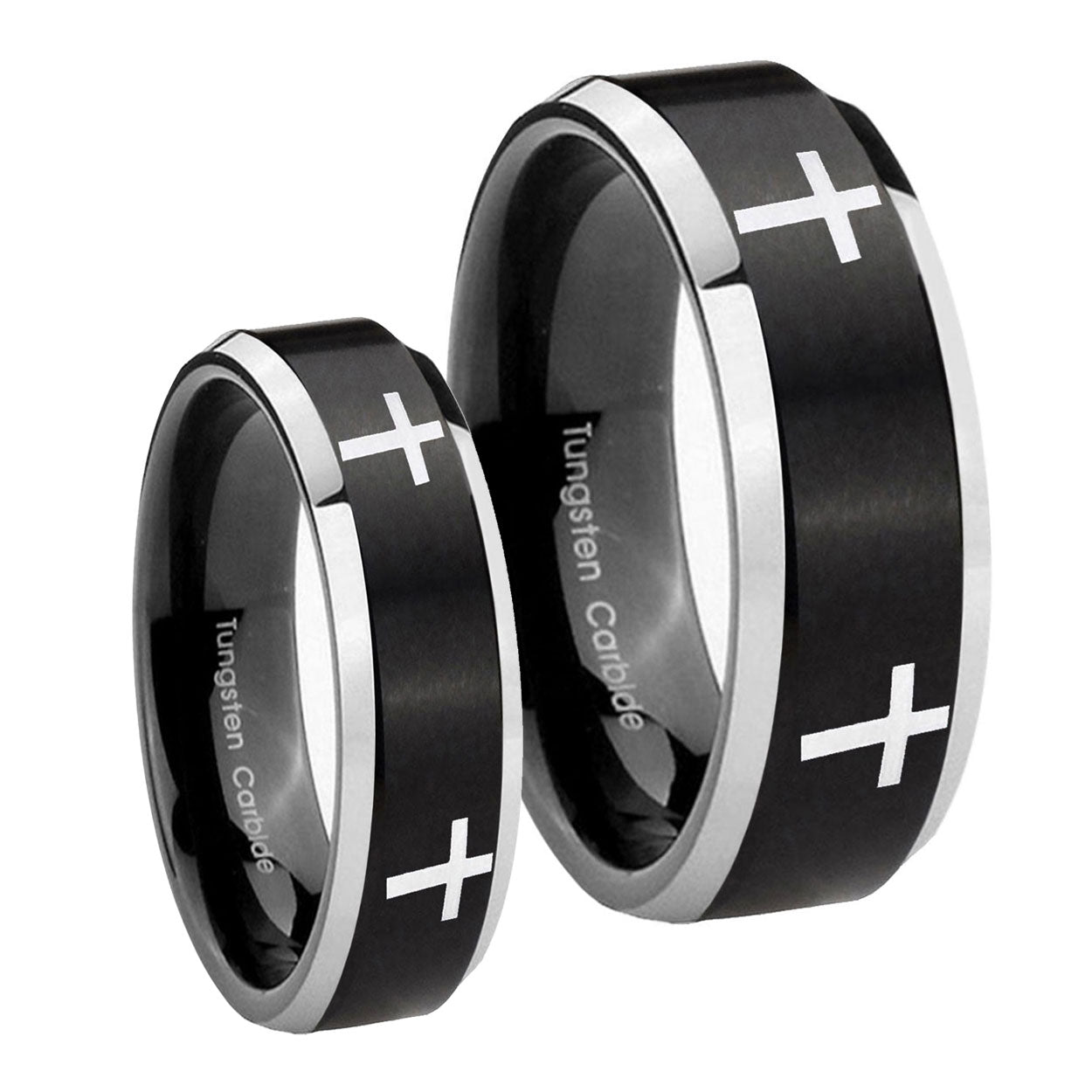 Crosses Beveled Edges Brush Black 2 Tone Tungsten Couple Band Set