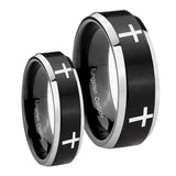 His Hers Crosses Beveled Edges Brush Black 2 Tone Tungsten Engagement Ring Set