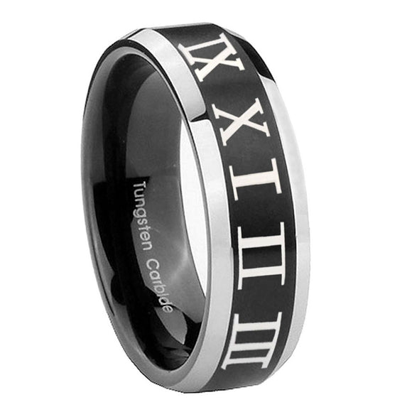 8mm-Roman-Numeral-Beveled-Edges-Brush-Black-2-Tone-Tungsten-Mens-Wedding-Ring