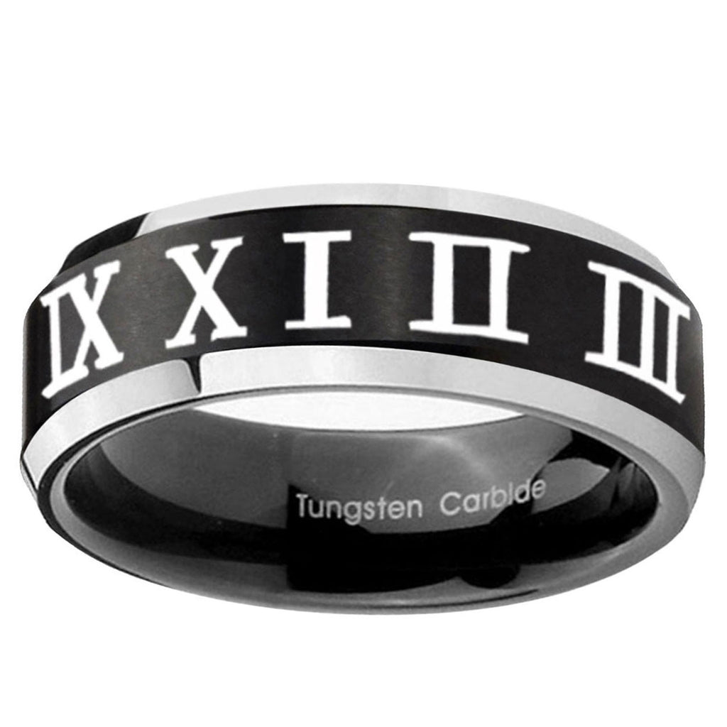 5MM Roman Numeral Beveled Two Tone Black Tungsten Custom Ring