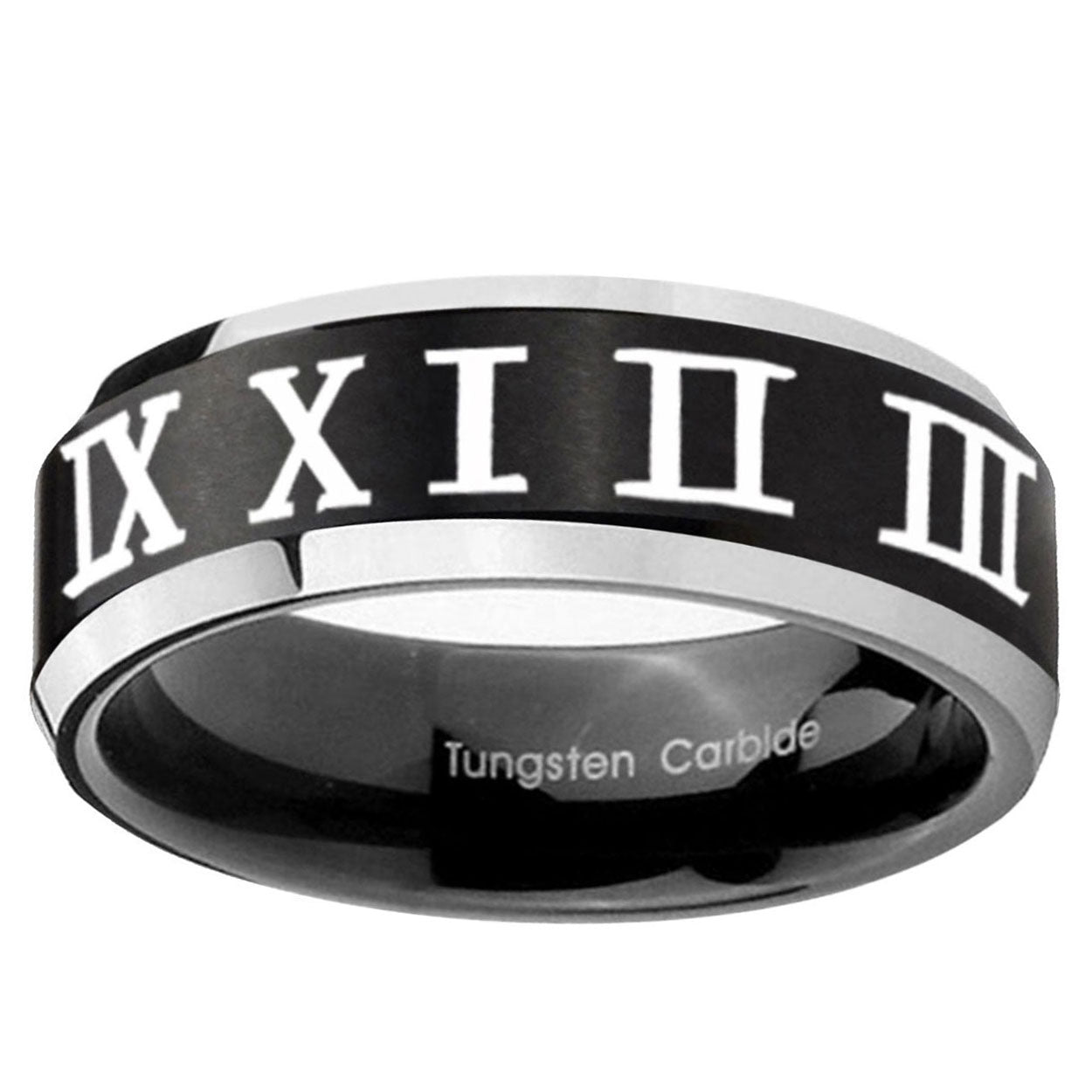 5MM Roman Numeral Beveled Two Tone Black Tungsten Custom Ring