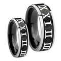 Roman Numeral Beveled Edges Brush Black 2 Tone Tungsten Wedding Set Ring