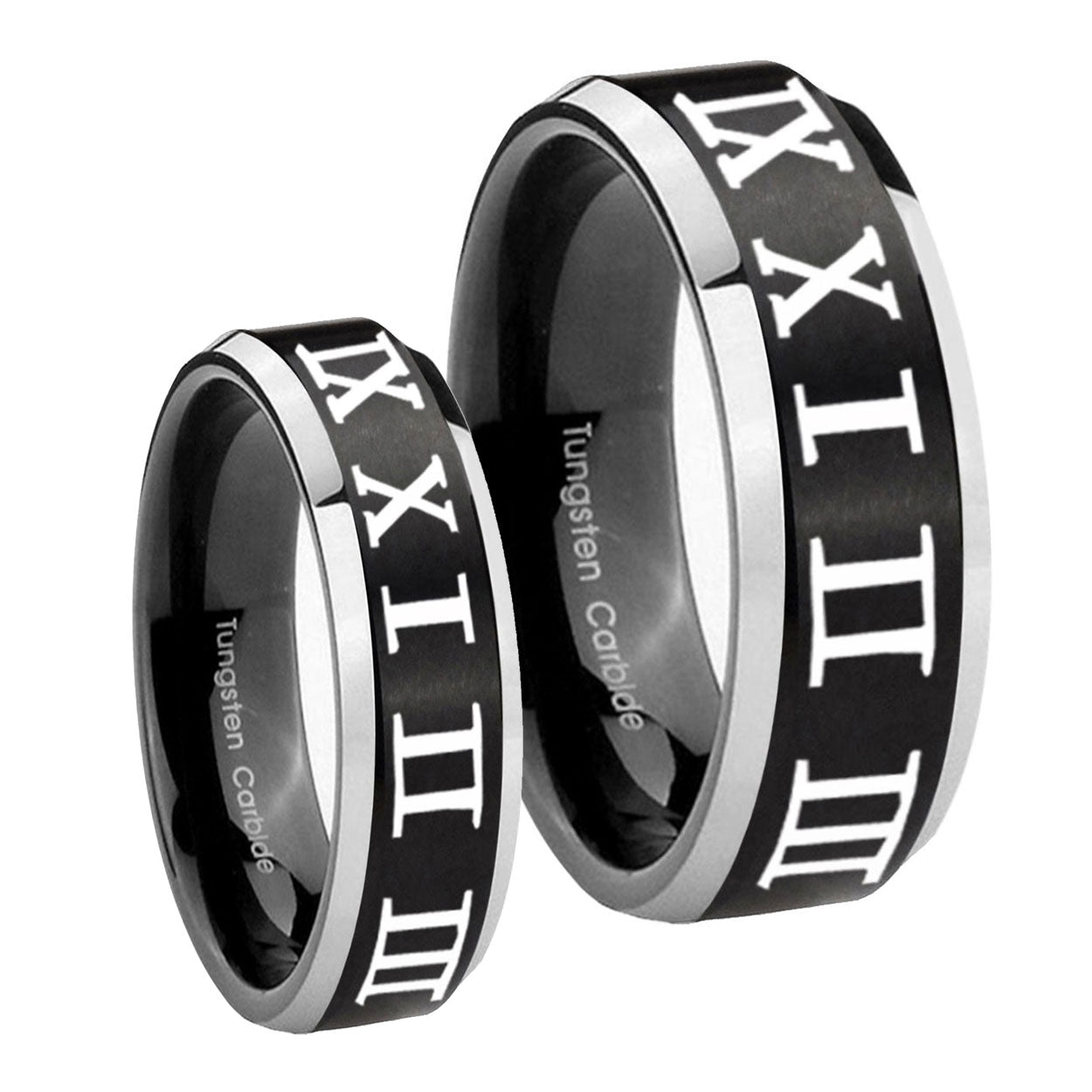 Roman Numeral Beveled Edges Brush Black 2 Tone Tungsten Wedding Set Ring