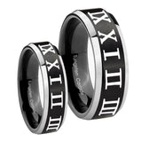 His Hers Roman Numeral Beveled Edges Brush Black 2 Tone Tungsten Engraved Ring Set
