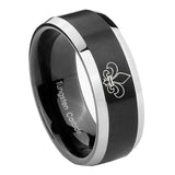 10mm-Fleur-De-Lis-Beveled-Brush-Black-2-Tone-Tungsten-Mens-Ring-Engraved