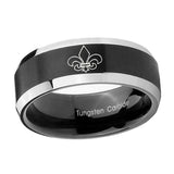 10mm-Fleur-De-Lis-Beveled-Brush-Black-2-Tone-Tungsten-Mens-Ring-Engraved