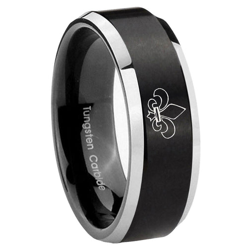 10mm Fleur Delis Beveled Brush Black 2 Tone Tungsten Mens Ring Engraved