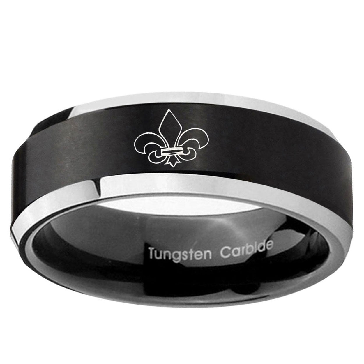 10mm Fleur-De-Lis Beveled Brush Black 2 Tone Tungsten Ring