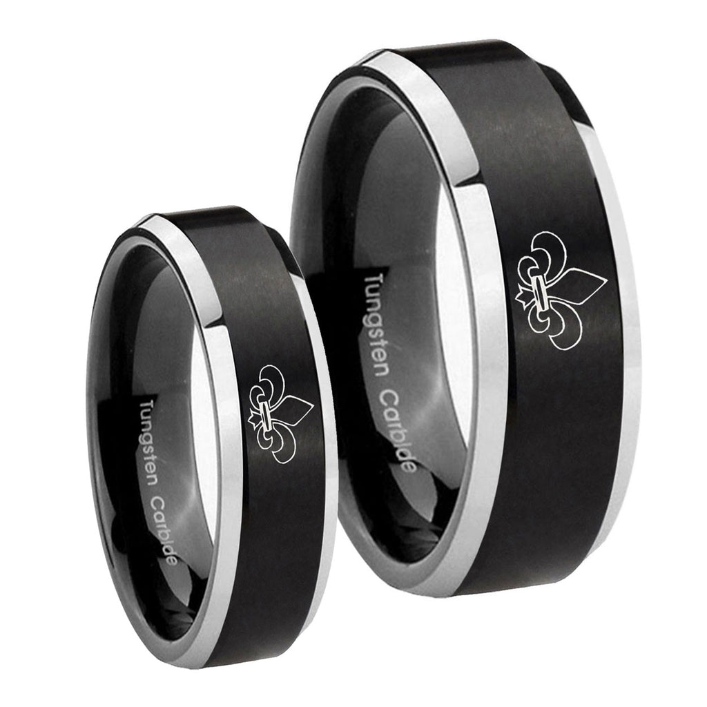 Fleur De Lis Beveled Brush Black 2 Tone Tungsten Bridal Set Rings