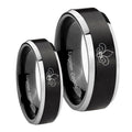 Fleur De Lis Beveled Brush Black 2 Tone Tungsten Bridal Set Rings