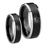 His Hers Fleur De Lis Beveled Brush Black 2 Tone Tungsten Men's Ring Set