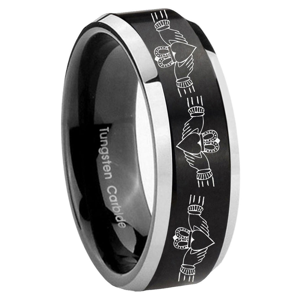 10mm Irish Claddagh Beveled Brush Black 2 Tone Tungsten Men's Promise Rings