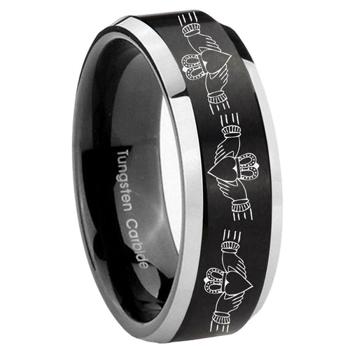 10mm Irish Claddagh Beveled Brush Black 2 Tone Tungsten Men's Promise Rings