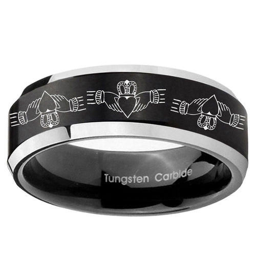 10mm Irish Claddagh Beveled Brush Black 2 Tone Tungsten Men's Promise Rings