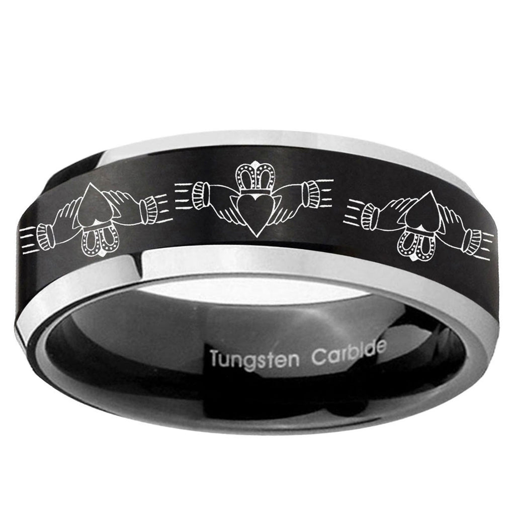 5MM Irish Claddagh Beveled Two Tone Black Tungsten Engrave Man Ring