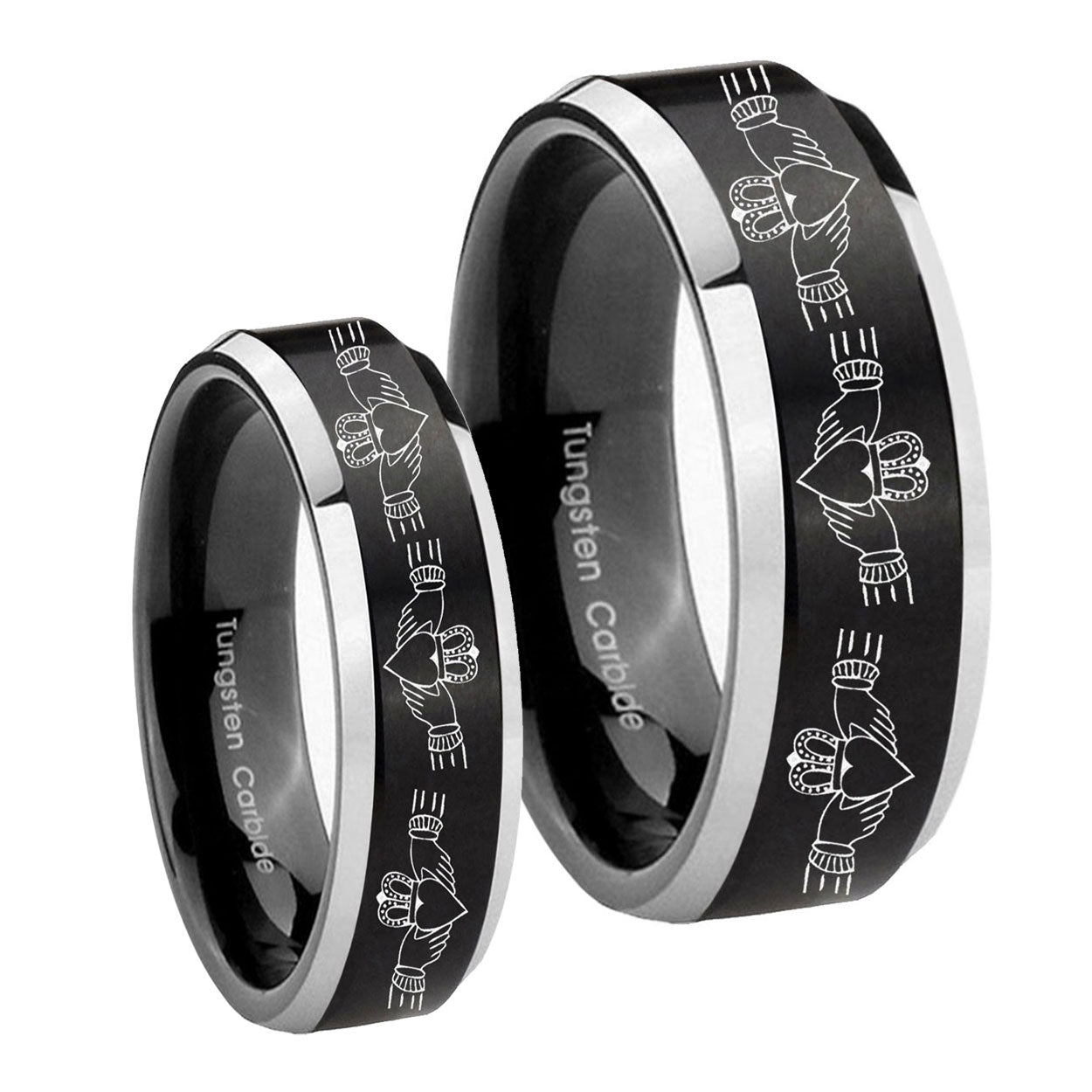 Irish Claddagh Beveled Brush Black 2 Tone Tungsten Wedding Ring Set