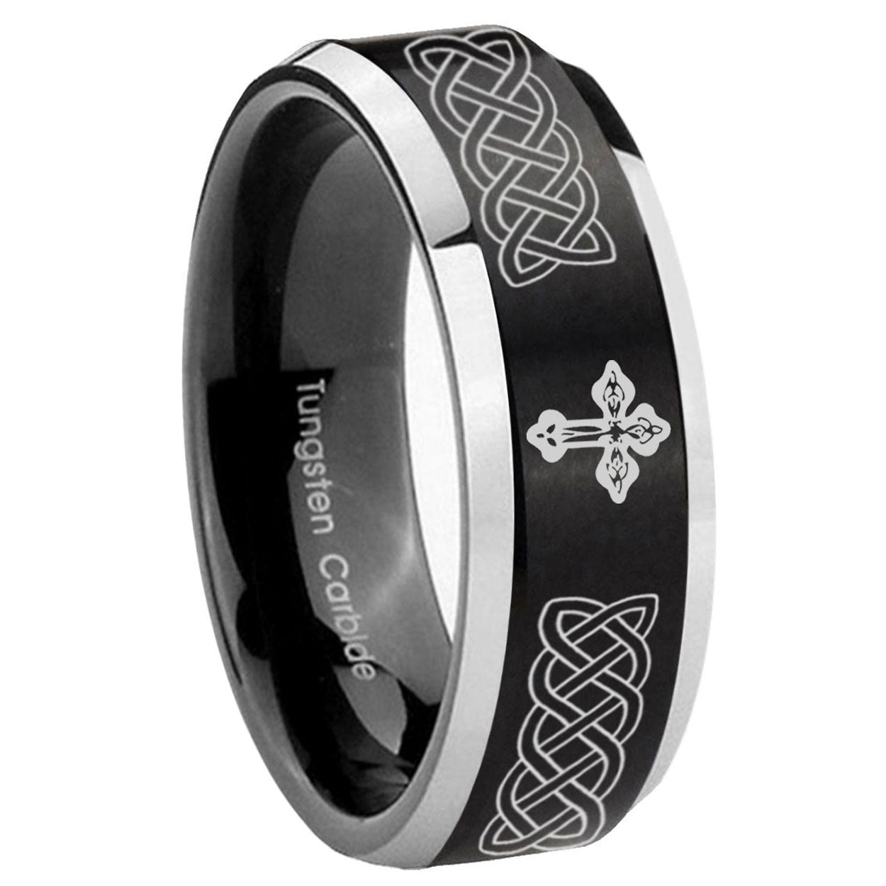 10mm Celtic Cross Beveled Edges Brush Black 2 Tone Tungsten Carbide Mens Ring