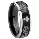 8mm Celtic Cross Beveled Edges Brush Black 2 Tone Tungsten Personalized Ring