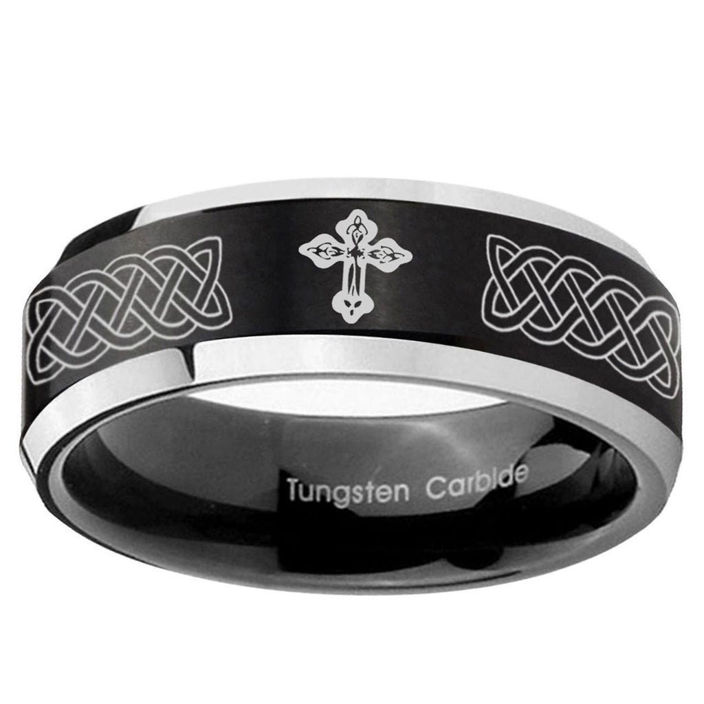 10mm Celtic Cross Beveled Edge Brush Black 2 Tone Tungsten Carbide Mens Ring
