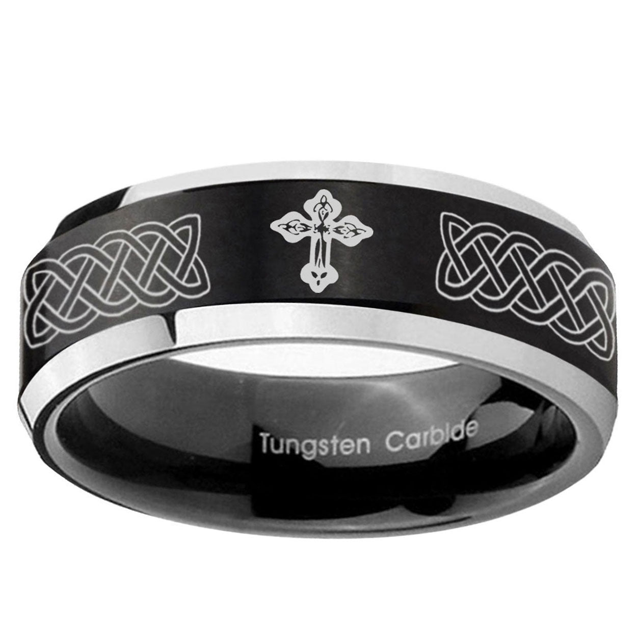 10mm Celtic Cross Beveled Edge Brush Black 2 Tone Tungsten Carbide Mens Ring