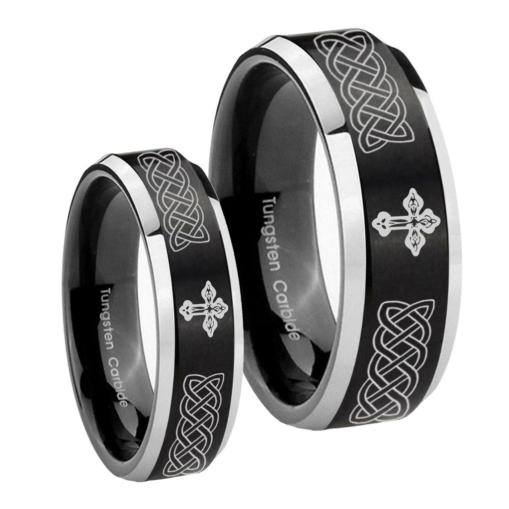 Celtic Cross Beveled Brush Black 2 Tone Tungsten His Hers Ring Set