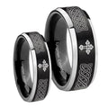 Celtic Cross Beveled Brush Black 2 Tone Tungsten His Hers Ring Set