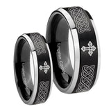 His Hers Celtic Cross Beveled Brush Black 2 Tone Tungsten Men's Band Ring Set