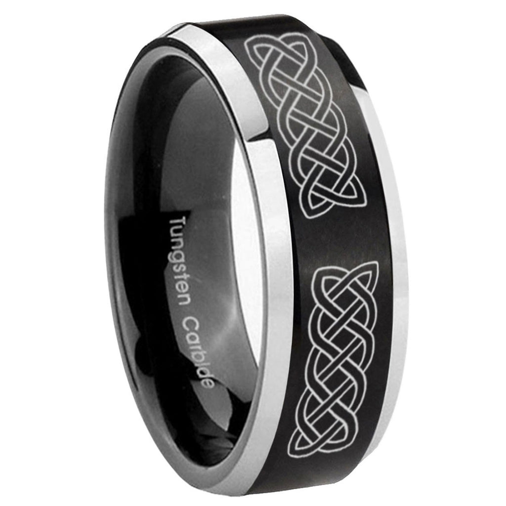 10mm Celtic Knot Beveled Edges Brush Black 2 Tone Tungsten Carbide Men's Ring