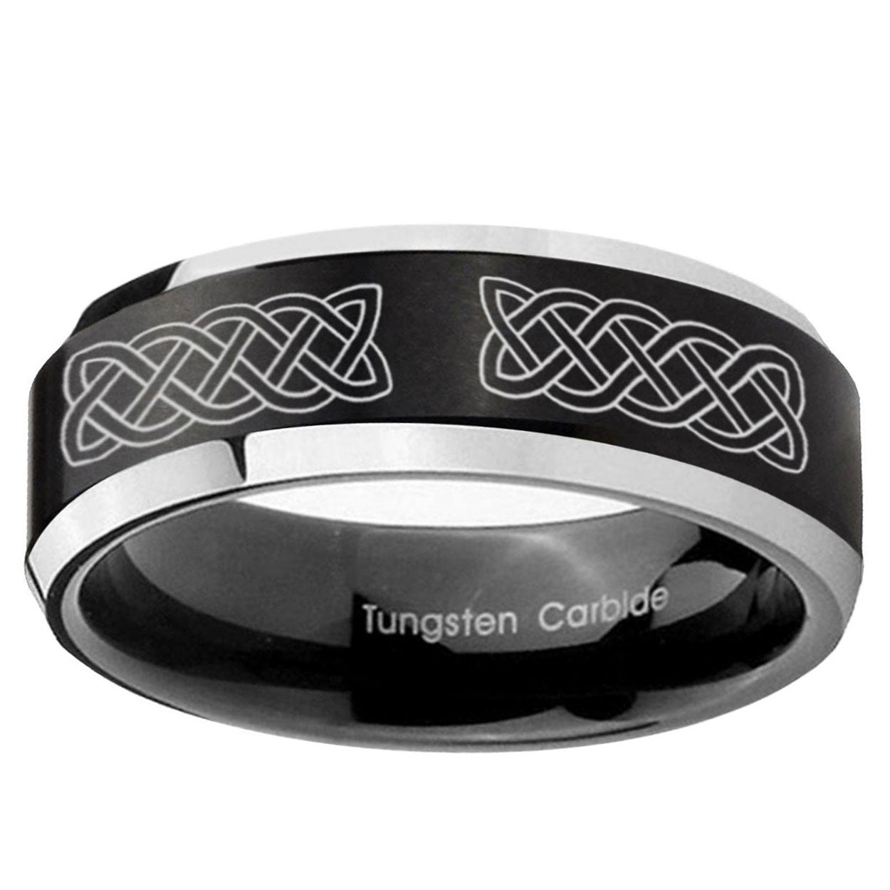10mm Celtic Knot Beveled Edge Brush Black 2 Tone Tungsten Ring