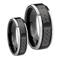 Celtic Knot Beveled Edges Brush Black 2 Tone Tungsten Wedding Set Ring