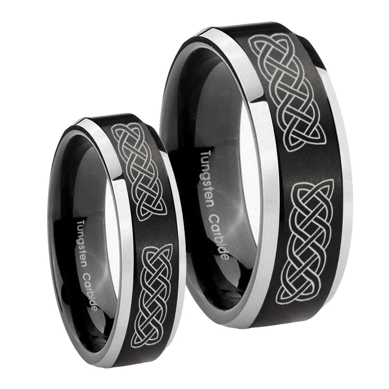 Celtic Knot Beveled Edges Brush Black 2 Tone Tungsten Wedding Set Ring