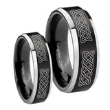 His Hers Celtic Knot Beveled Edges Brush Black 2 Tone Tungsten Mens Bands Ring Set