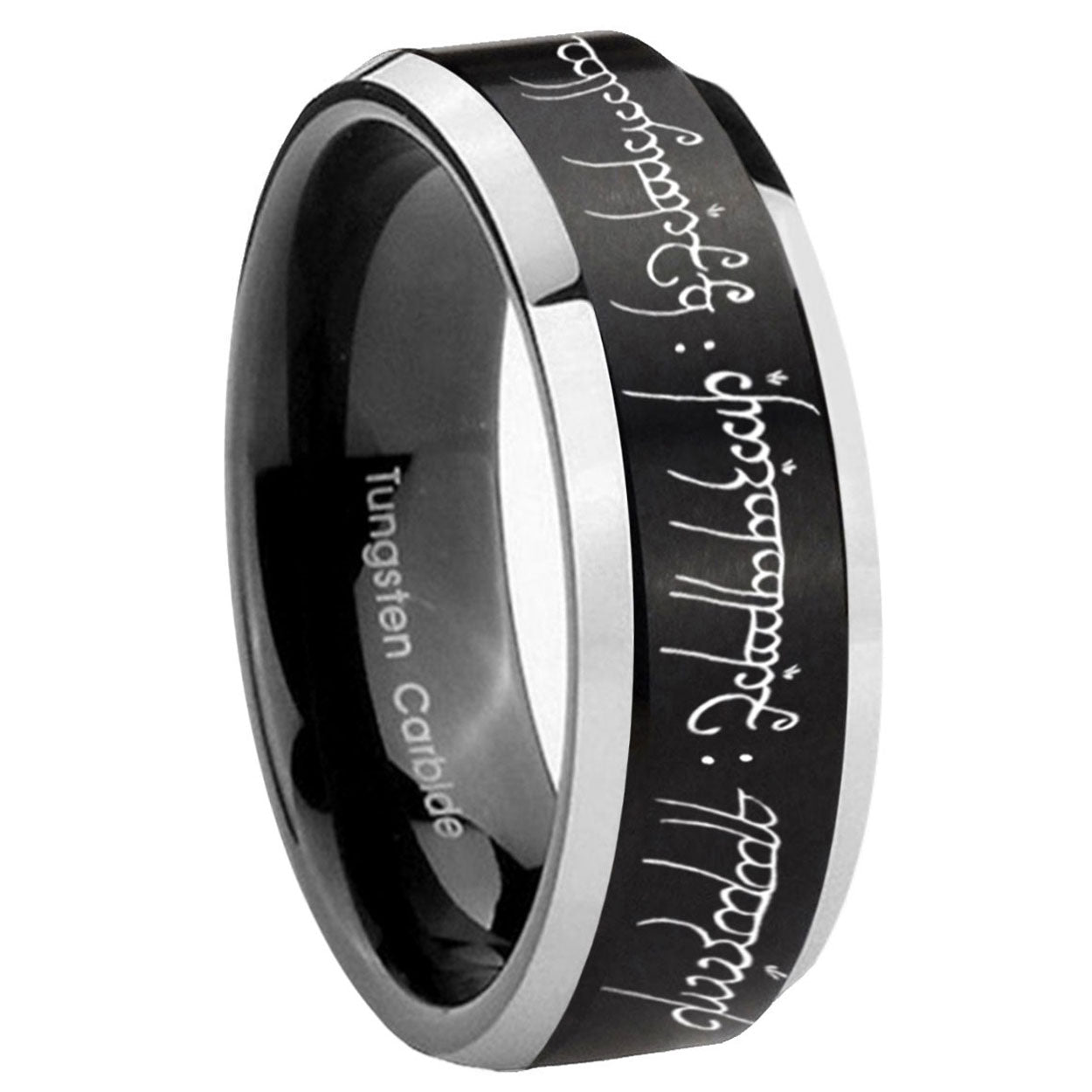 8MM Lord Of The Rings Beveled Two Tone Black Tungsten Wedding Band