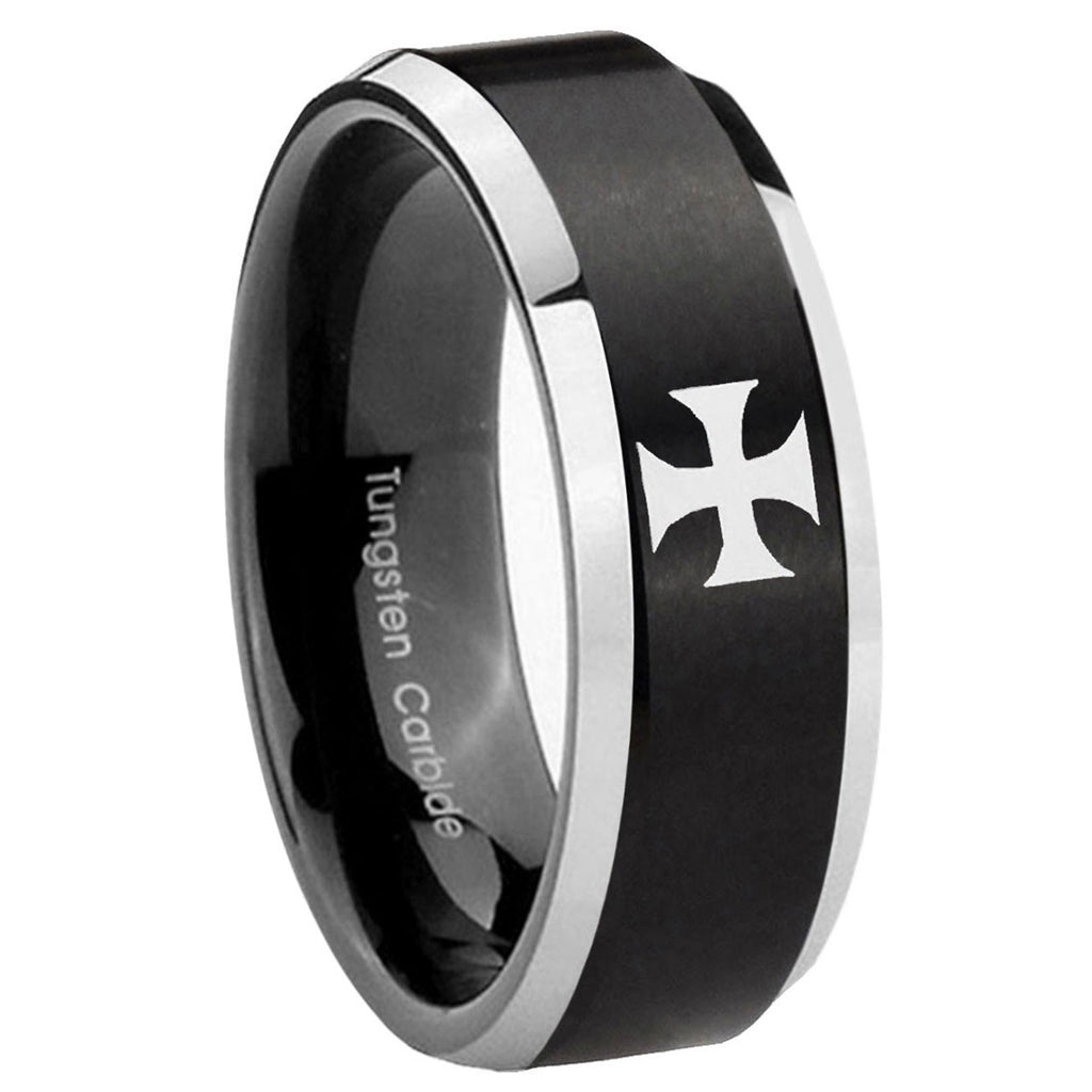 10mm Maltese Cross Beveled Brush Black 2 Tone Tungsten Mens Ring Personalized