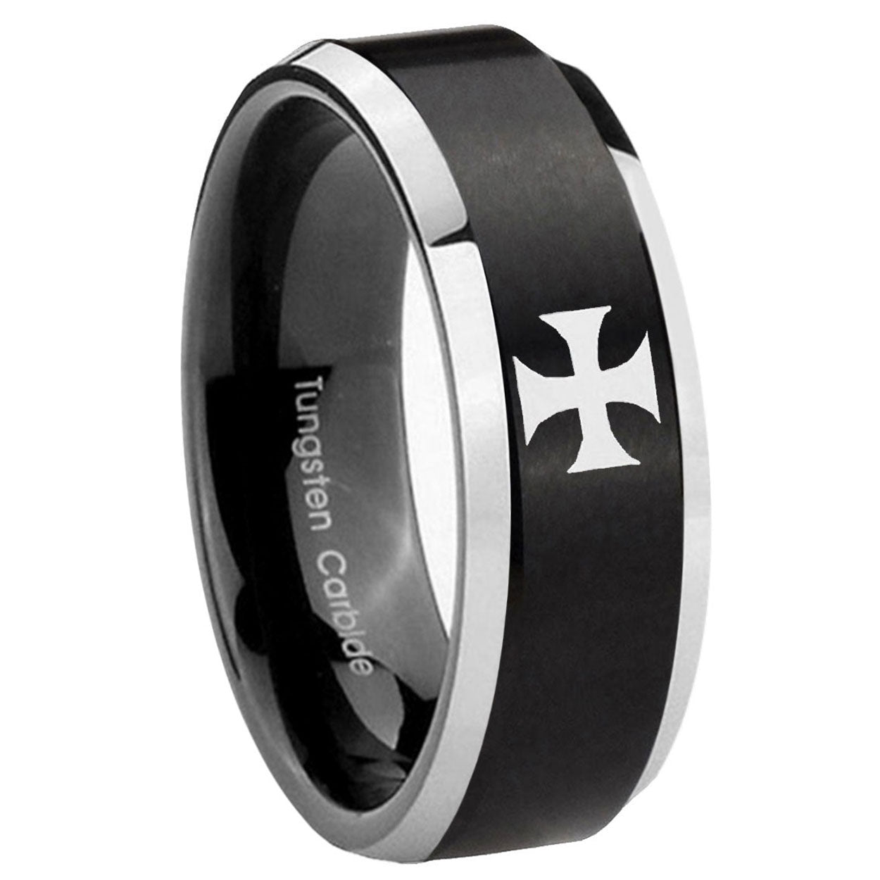 8MM Maltese Cross Beveled Two Tone Black Tungsten Ring Men