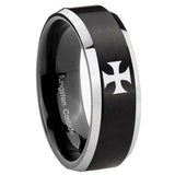 8mm Maltese Cross Beveled Edges Brush Black 2 Tone Tungsten Wedding Band Mens